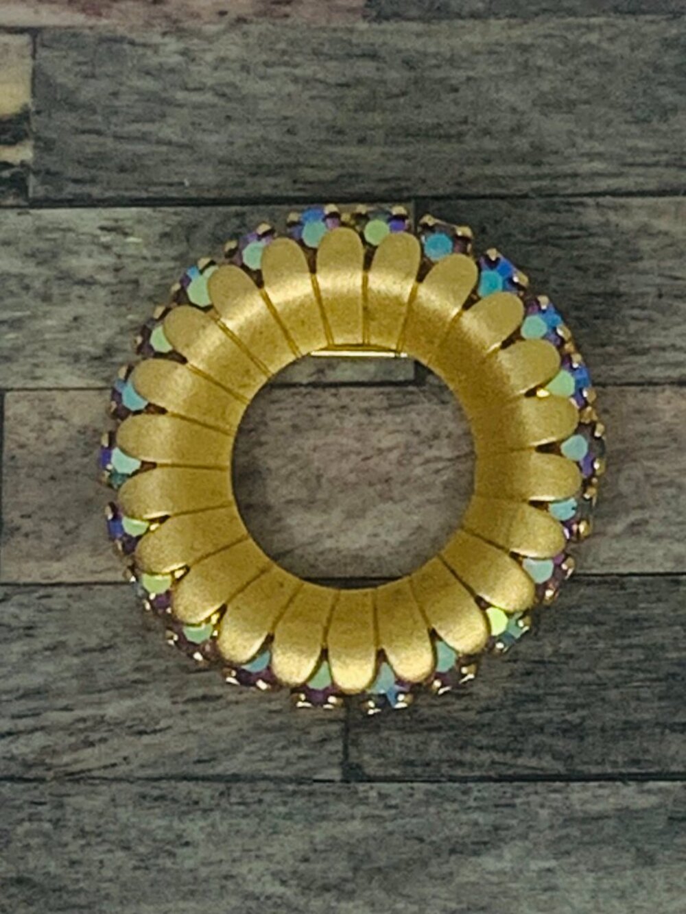 Vintage Round Wreath Satin Gold Tone Aroura Rhinestone Brooch Blueish Pink
